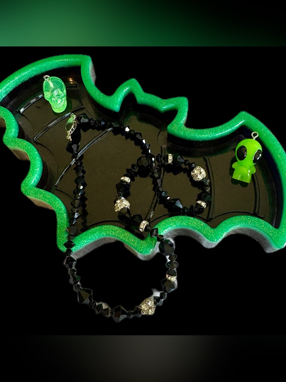 Handmade Resin Glitter Bat Trinket Tray Neon Green + Black
